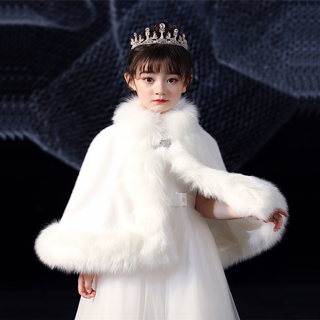 儿童皮草披肩斗篷秋冬白色女童公主礼服小外套演出保暖毛毛绒披风