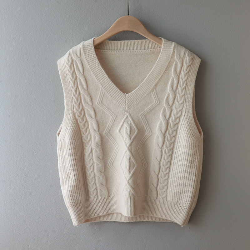 推荐@麻花纹针织马甲 女 秋冬新款 韩风学生v领宽松学生毛衣背心
