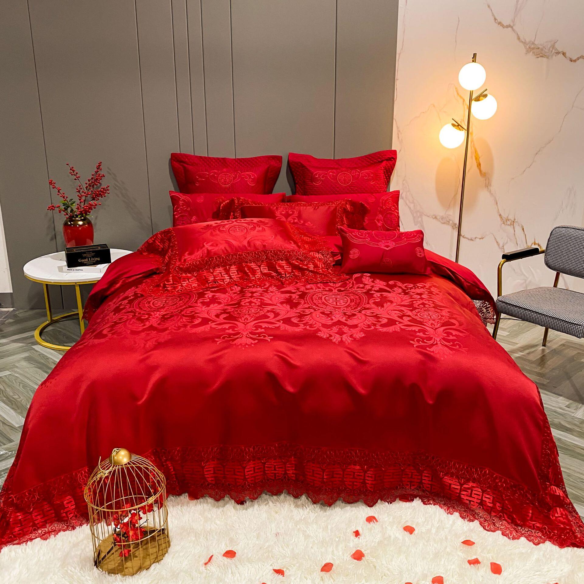 100支长绒棉婚庆四件套红色纯棉全棉大红色刺绣套件婚礼婚房结婚