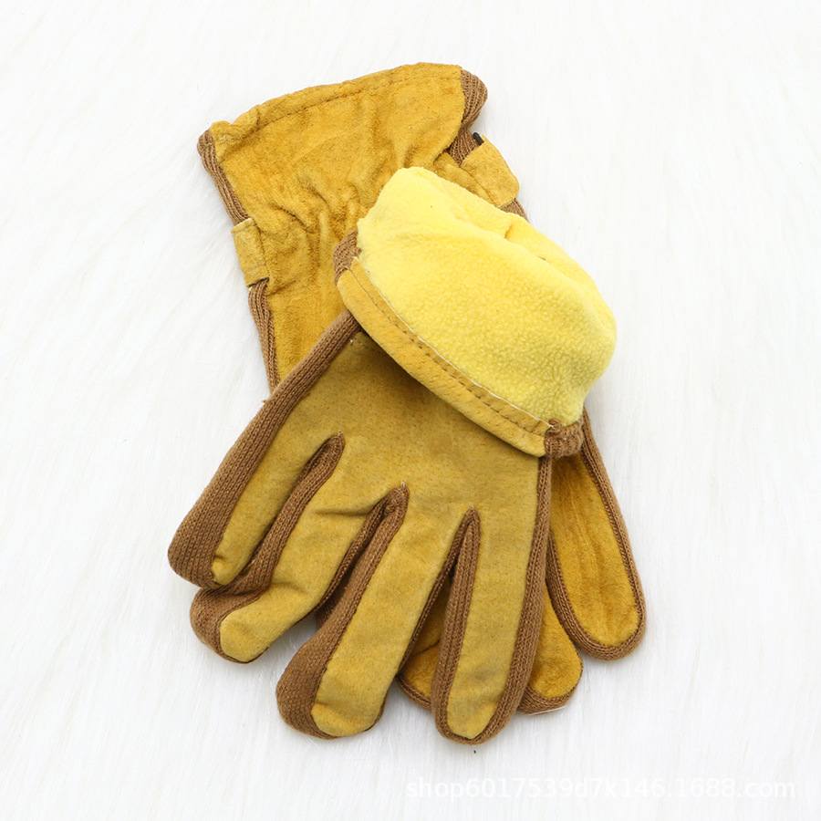 猪皮保暖手套女冬加绒加厚防寒劳保耐磨骑车工地工人户外工作冬天