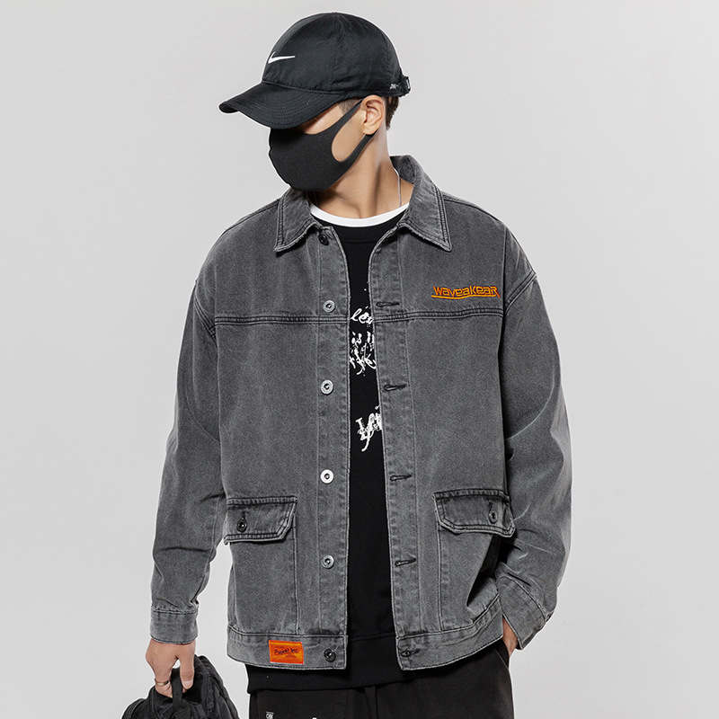 秋冬季烟灰色工装多口袋牛仔外套男宽松大码胖子夹克