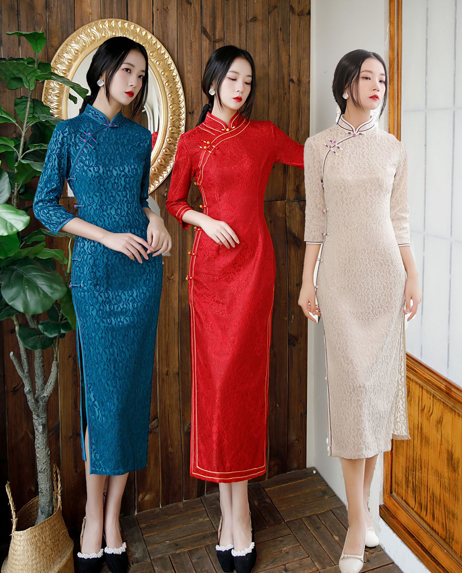 秋季复合蕾丝立领高品质淑女红色修身中国风婚礼长款旗袍