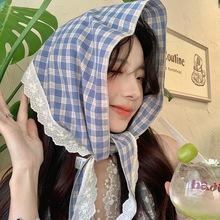 蕾丝边天蓝色格子三角巾女法式海边田园风复古可爱韩系头巾发带