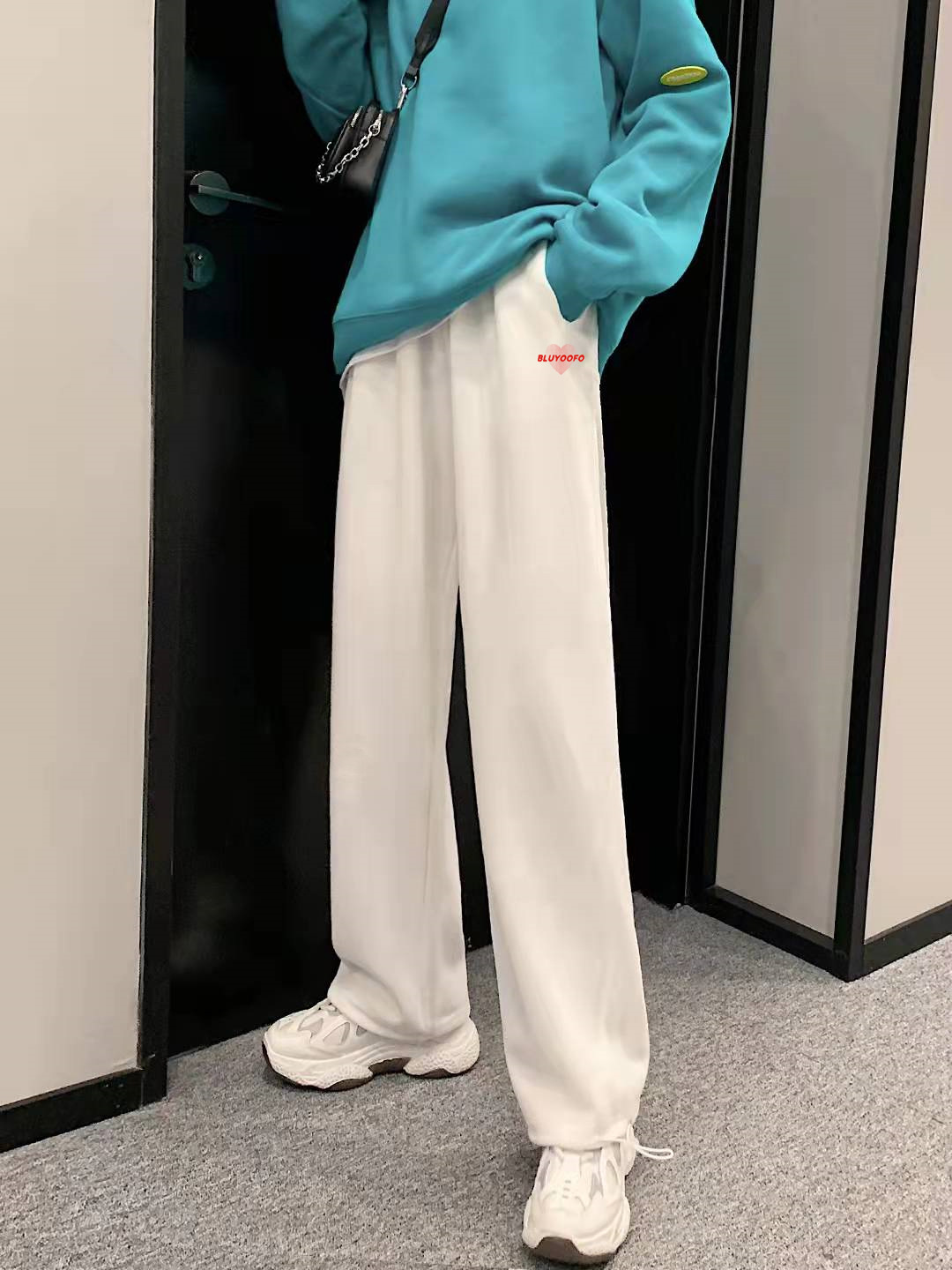 白色运动裤女宽松束脚春夏季2022新款直筒阔腿高腰休闲长裤卫裤子