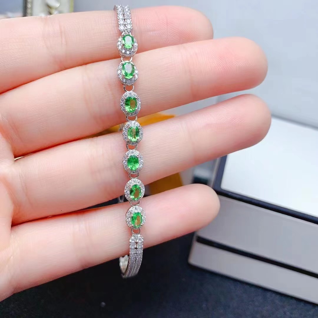 清新时尚925银镶嵌天然沙弗莱手链韩版小清新甜美手串女彩宝首饰