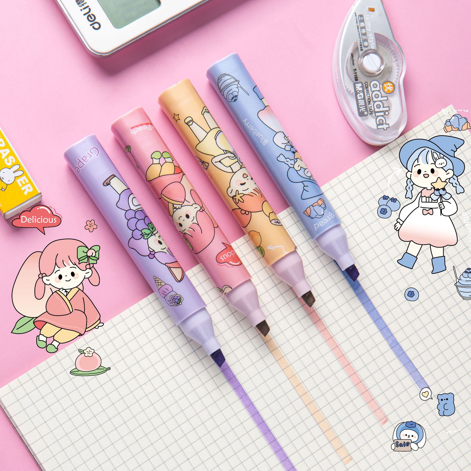 4色莫兰迪色系软头荧光笔 批发少女心学生划重点护眼速干荧光笔