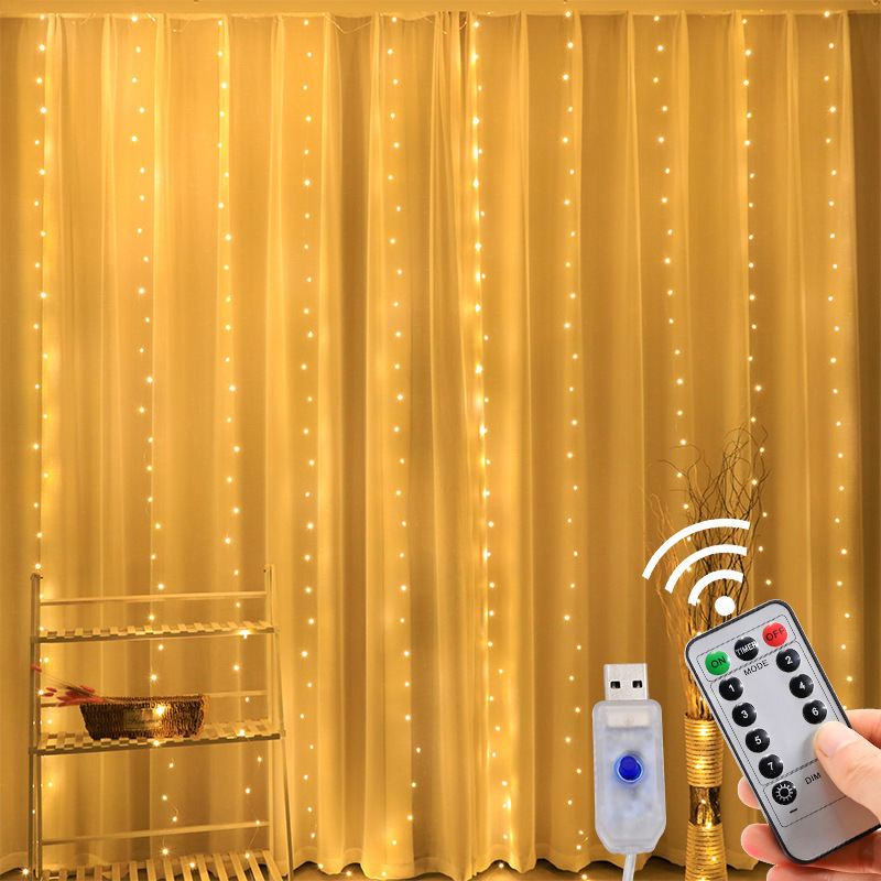 亚马逊新款USB遥控铜线窗帘灯 3*3米冰条灯圣诞节日装饰铜丝彩灯