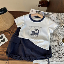 韩版童装2024新款夏季女童猫咪短袖T恤儿童洋气工装半身裙两件套