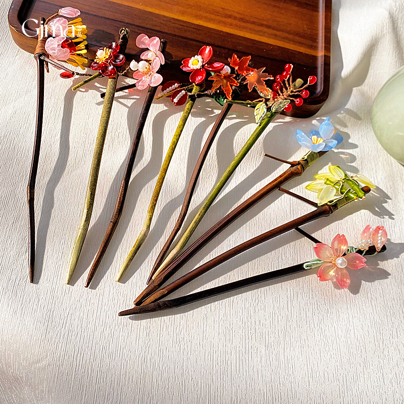 New Chinese Style Pearl Maple Leaf Bamboo Flower Wooden Hairpin Ancient Style Hanfu Accessories Updo Hairpin Fashion Hair Accessories for Women