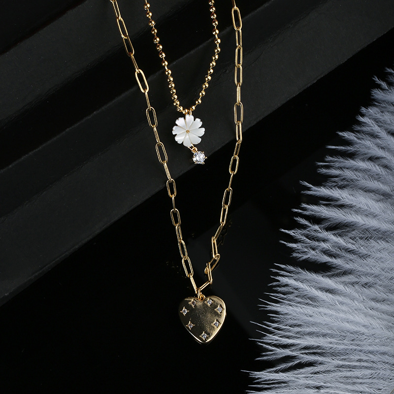 韩国东大门新款双层爱心项链花朵吊坠个性女潮厂家定制批发
