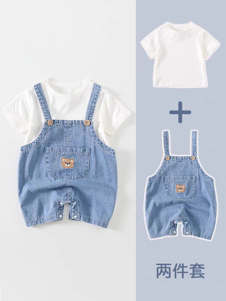 宝宝夏装套装0一3岁婴儿衣服夏季薄款t恤牛仔背带裤连体衣两件套2