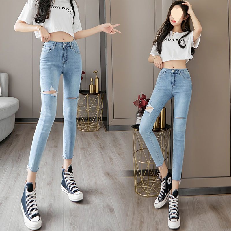 新款磨破破洞紧身牛仔裤女九分裤薄款弹力浅色显瘦修身小个子