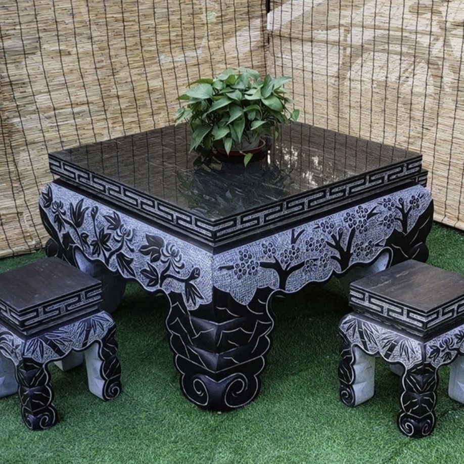 石雕石桌石凳圆桌青石棋盘大鼓桌方桌长方形石头桌公园庭院家用