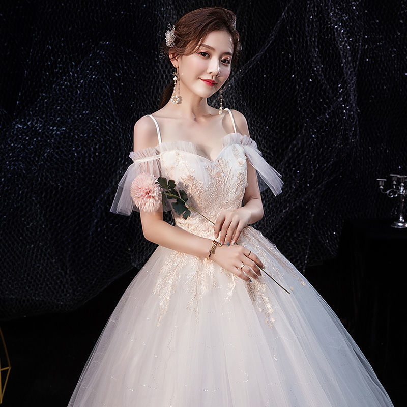 主婚纱礼服2022抹胸心型春夏季新款新娘一字肩吊带简约轻香槟白色