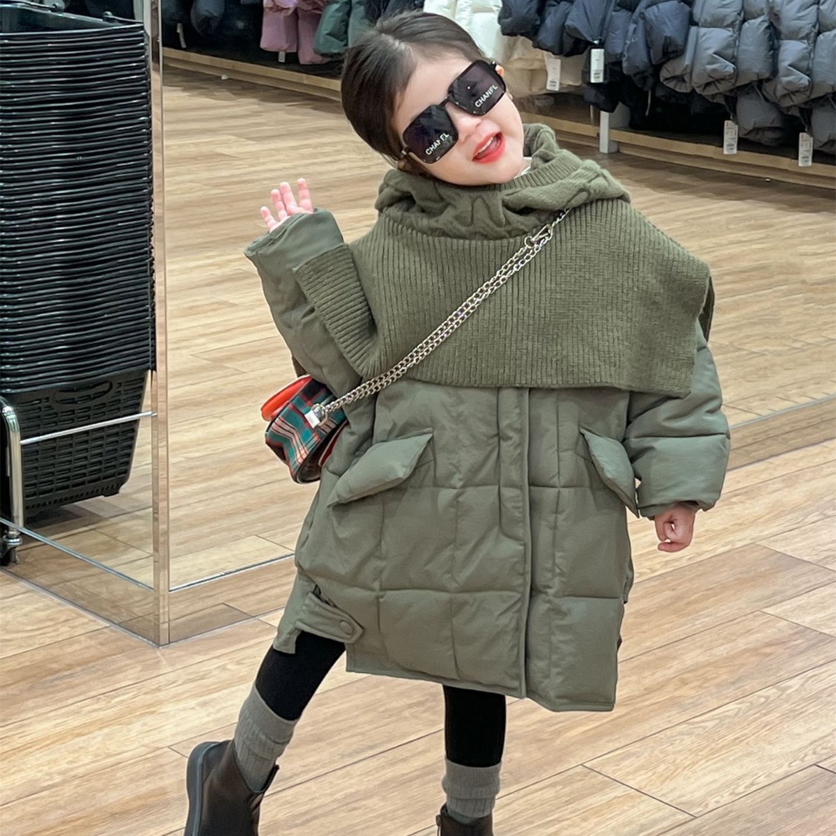 韩国童装冬款加厚羽绒棉儿童温柔气质保暖菱形格面包服潮送毛线帽