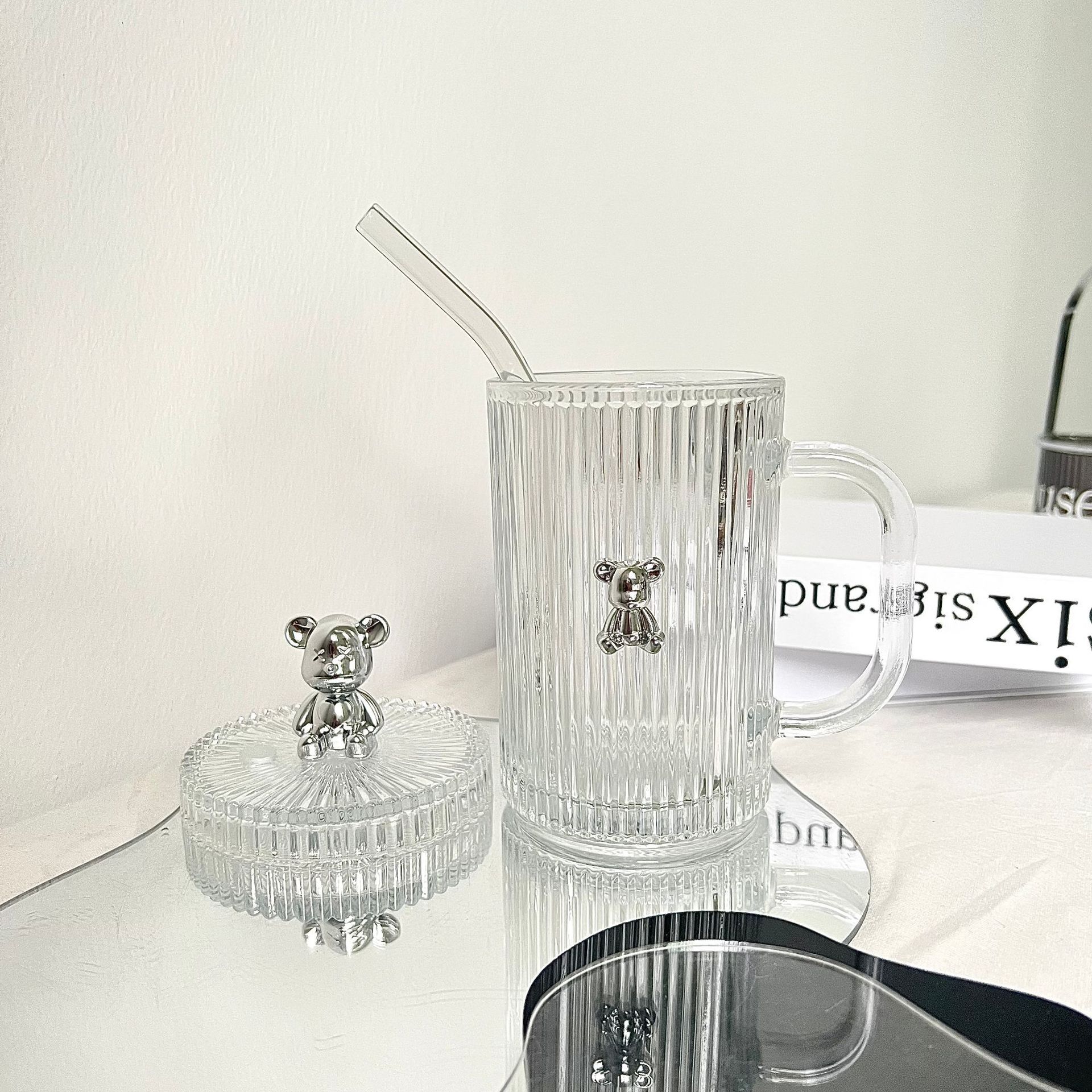 Fun Violent Bear Glass Water Cup with Straw Cup with Lid Household Drinking Cups Coffee Cup Ins Style Milky Tea Cup