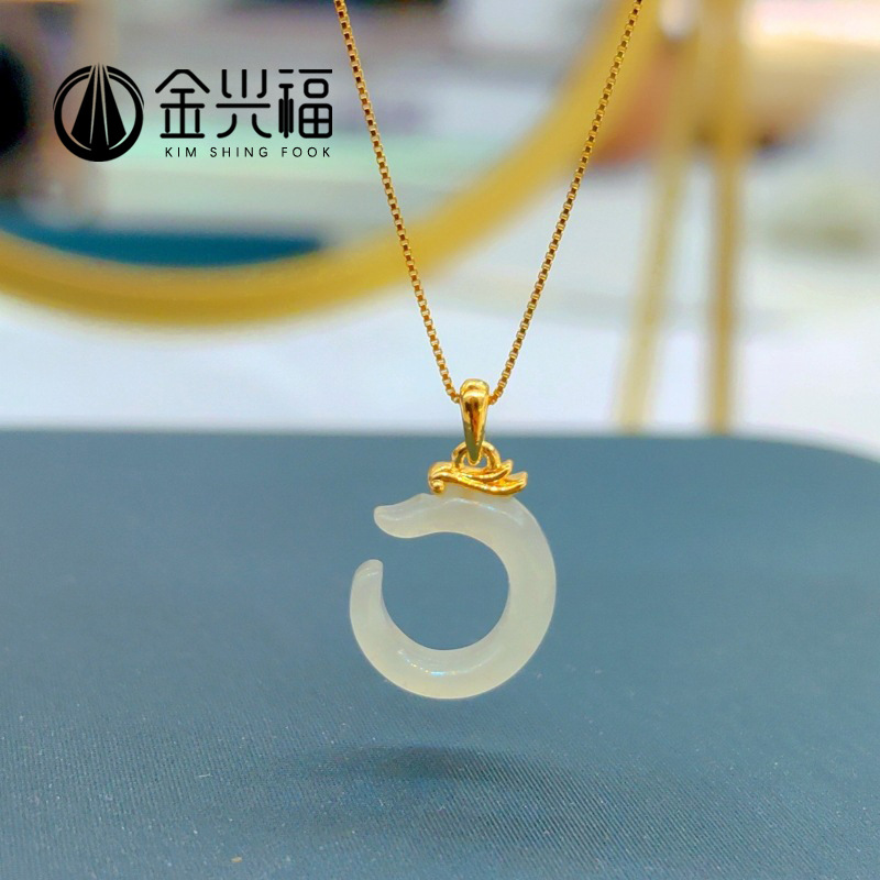 s925古法银镶嵌和田玉龙扣吊坠本命年生肖龙项链女节日送礼首选