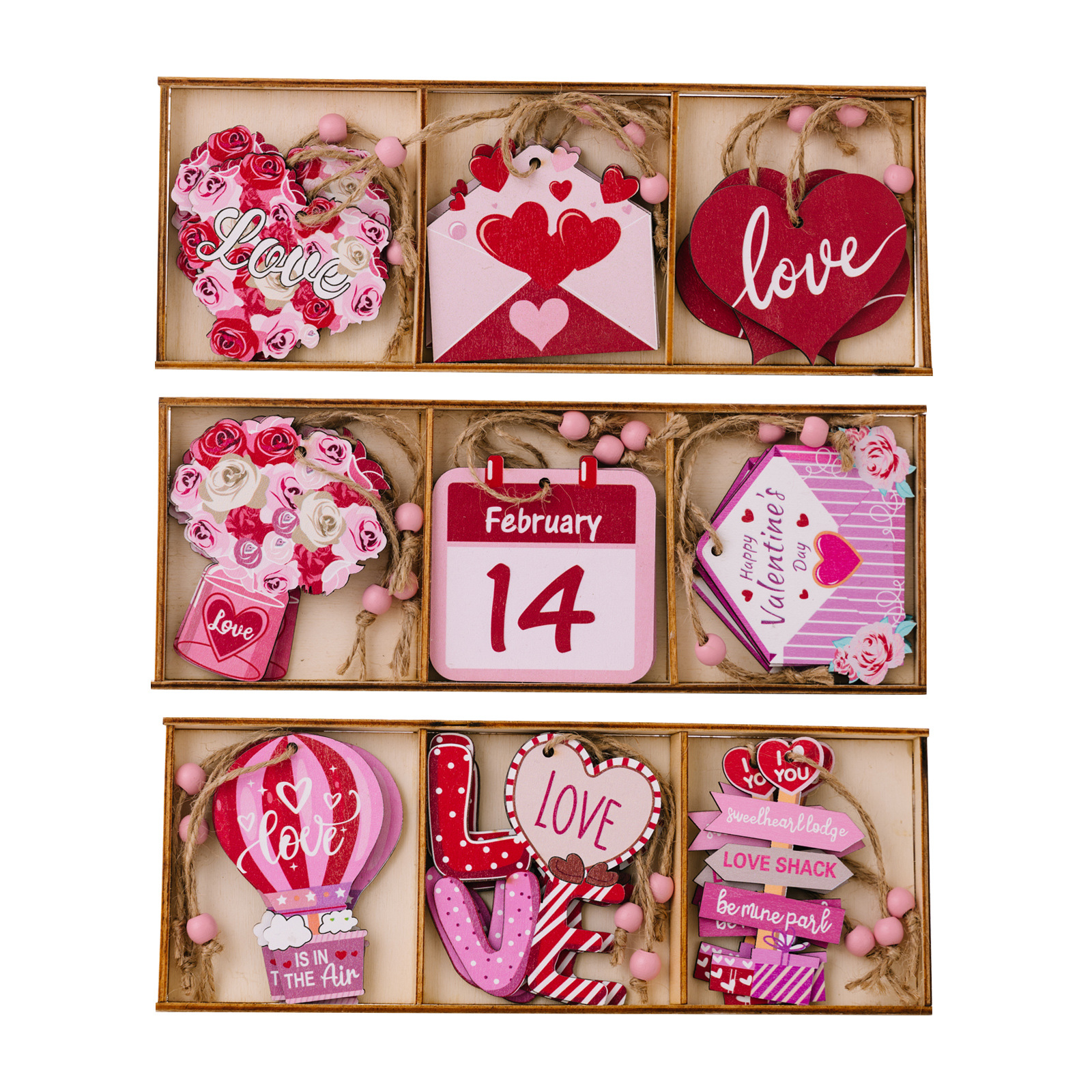 New Valentine's Day Decorations Pink Wooden Pendant Home Atmosphere Layout Creative Love 3 Grid Boxed