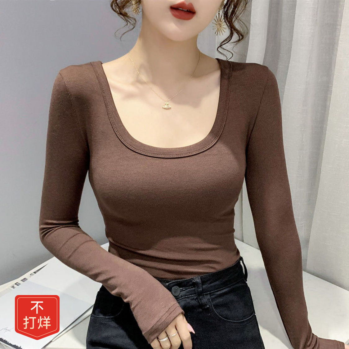 螺纹棉打底衫女长袖纯色内搭紧身上衣春秋冬新款洋气