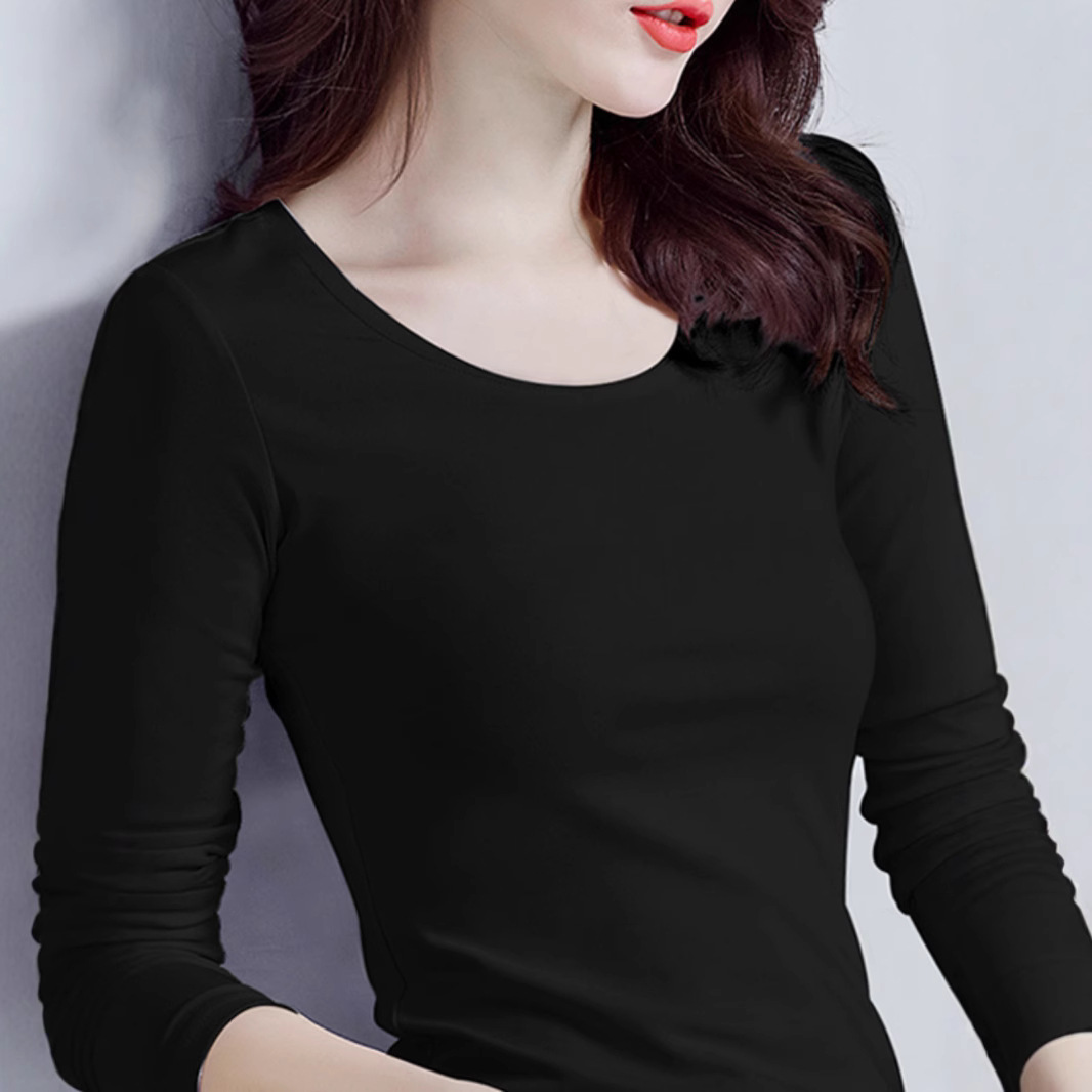 纯棉黑色打底衫女长袖薄款t恤2024秋冬内搭秋衣加绒加厚保暖上衣