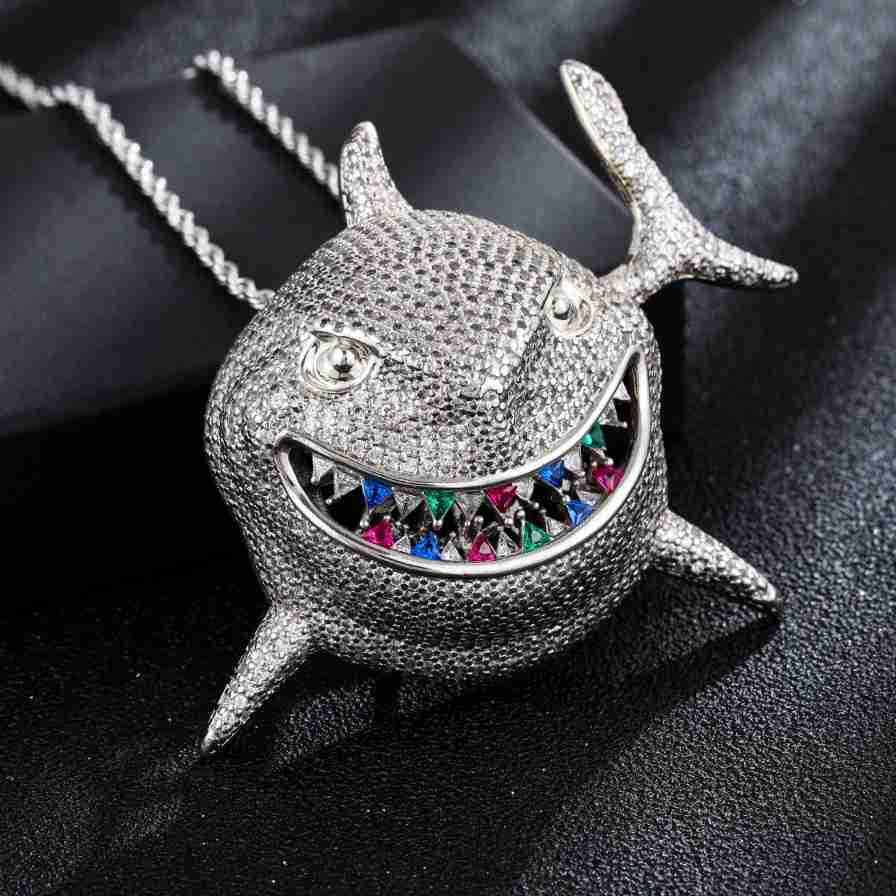 欧美嘻哈新款时尚大鲨鱼项链ins风古巴链复古铜镶微锆石嘻哈个性