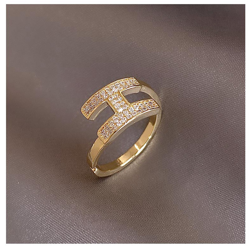 New Rhinestone H Letter Index Finger Ring Real Gold Plating Micro Inlaid H Tide Design Ring Internet Celebrity Personalized Cold Style Bracelet