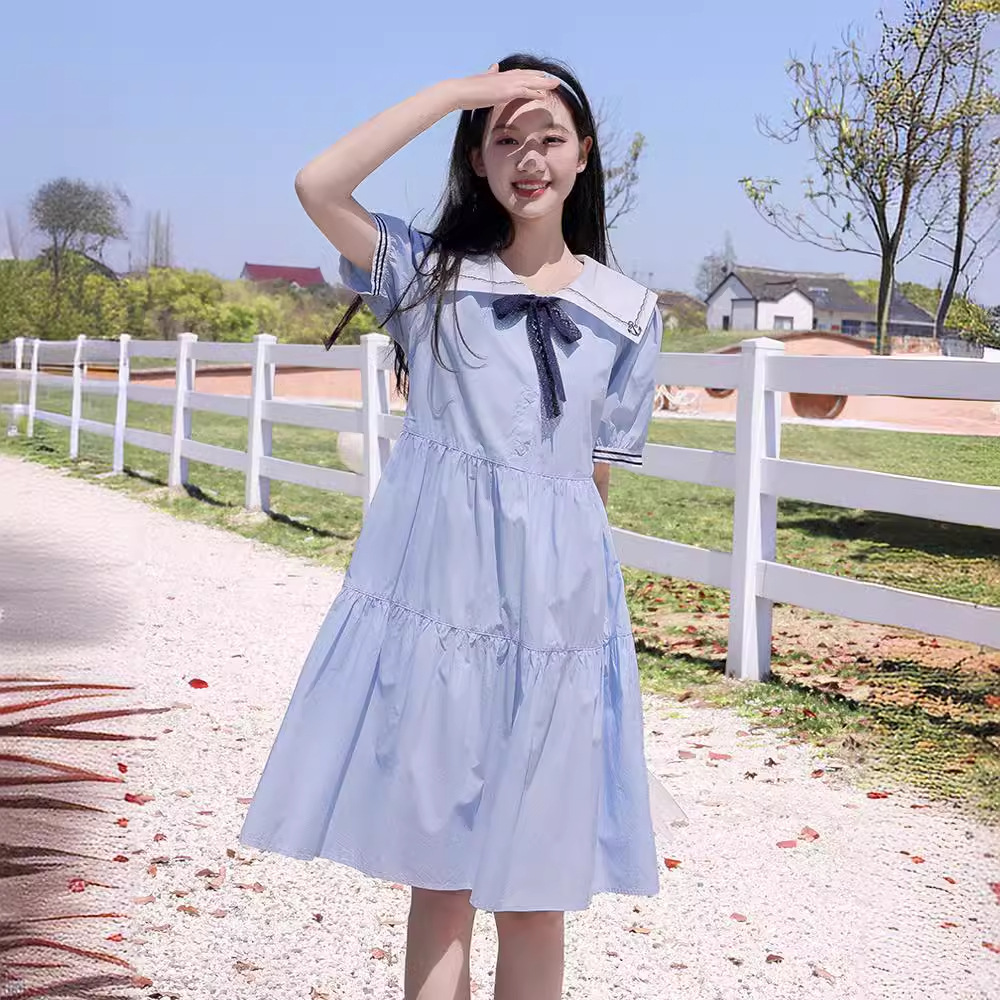 跨境外贸学院风海军领连衣裙少女夏装学生小个子日系甜美初恋裙子