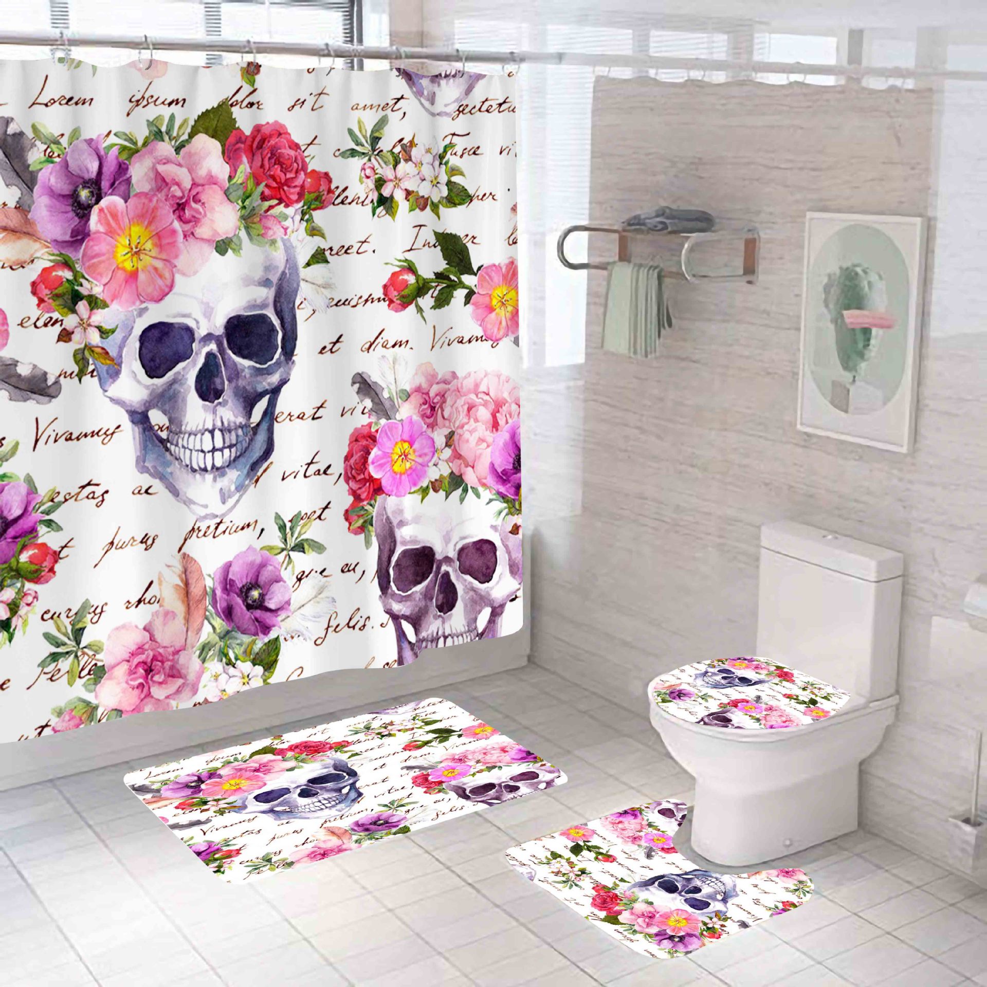 New Hot Halloween Skull Series Mildew-Proof Waterproof Polyester Bathroom Shower Curtain Four-Piece Factory Direct Sales