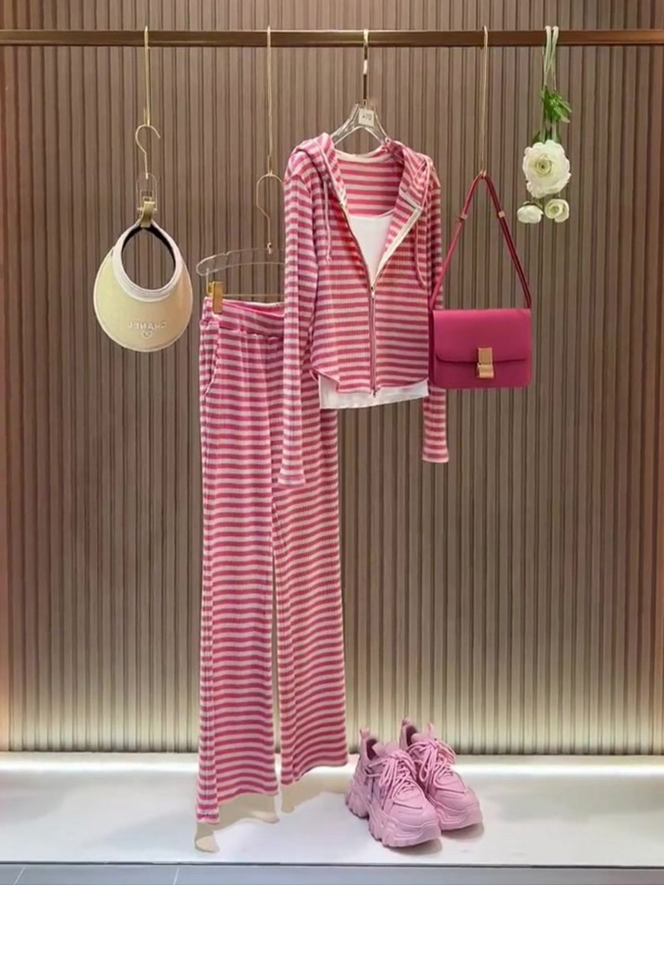 Salt Sweet Fried Street Sportswear College Style High-Grade Pink Striped Top Two-Piece Pants Women's Spring