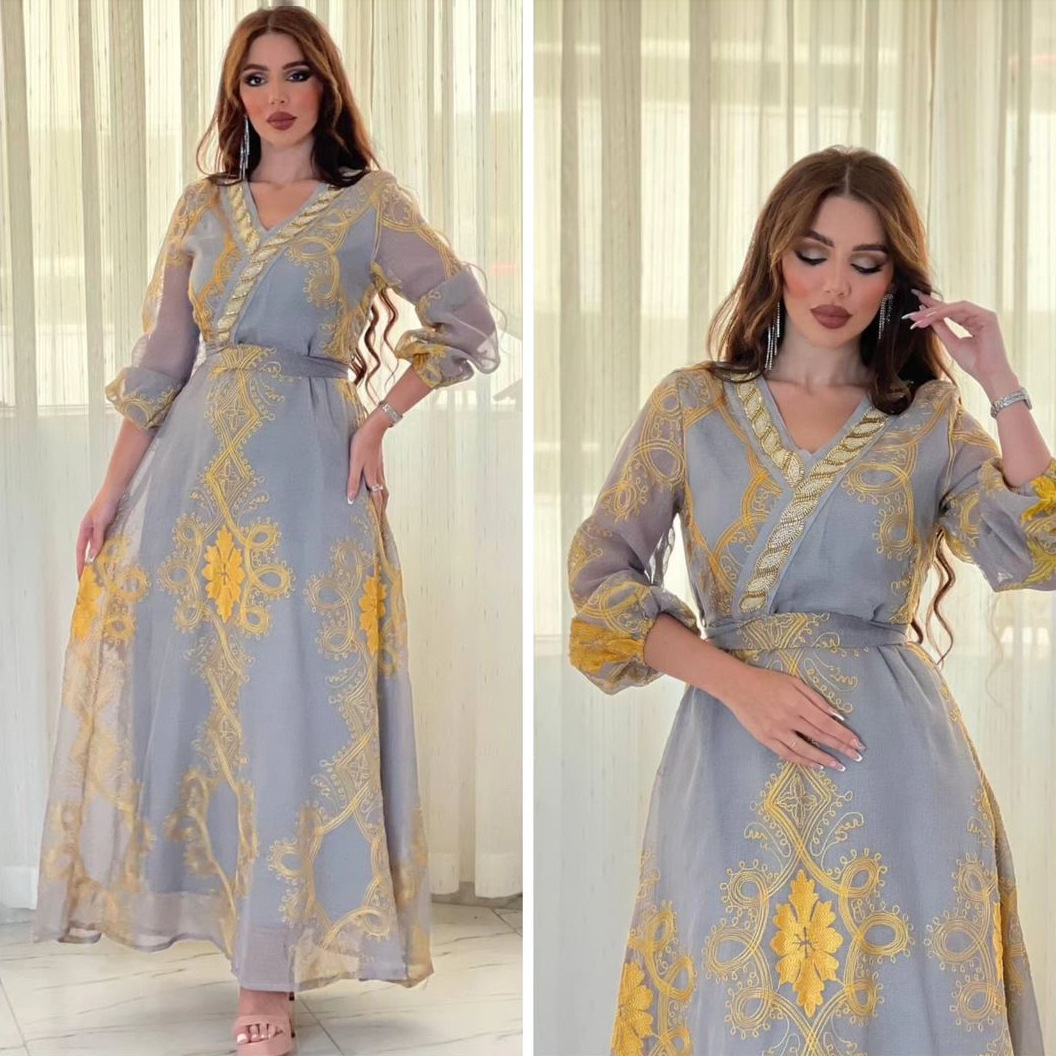 Ab336 Light Luxury Rhinestone Mesh Embroidered Muslim Arab Dubai Jalabia Fashion Temperament Guest Dress
