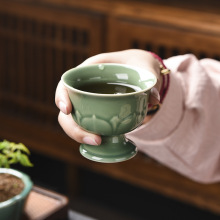 越窑青瓷茶杯仿古高足杯品茗杯陶瓷主人杯单杯功夫茶杯家用