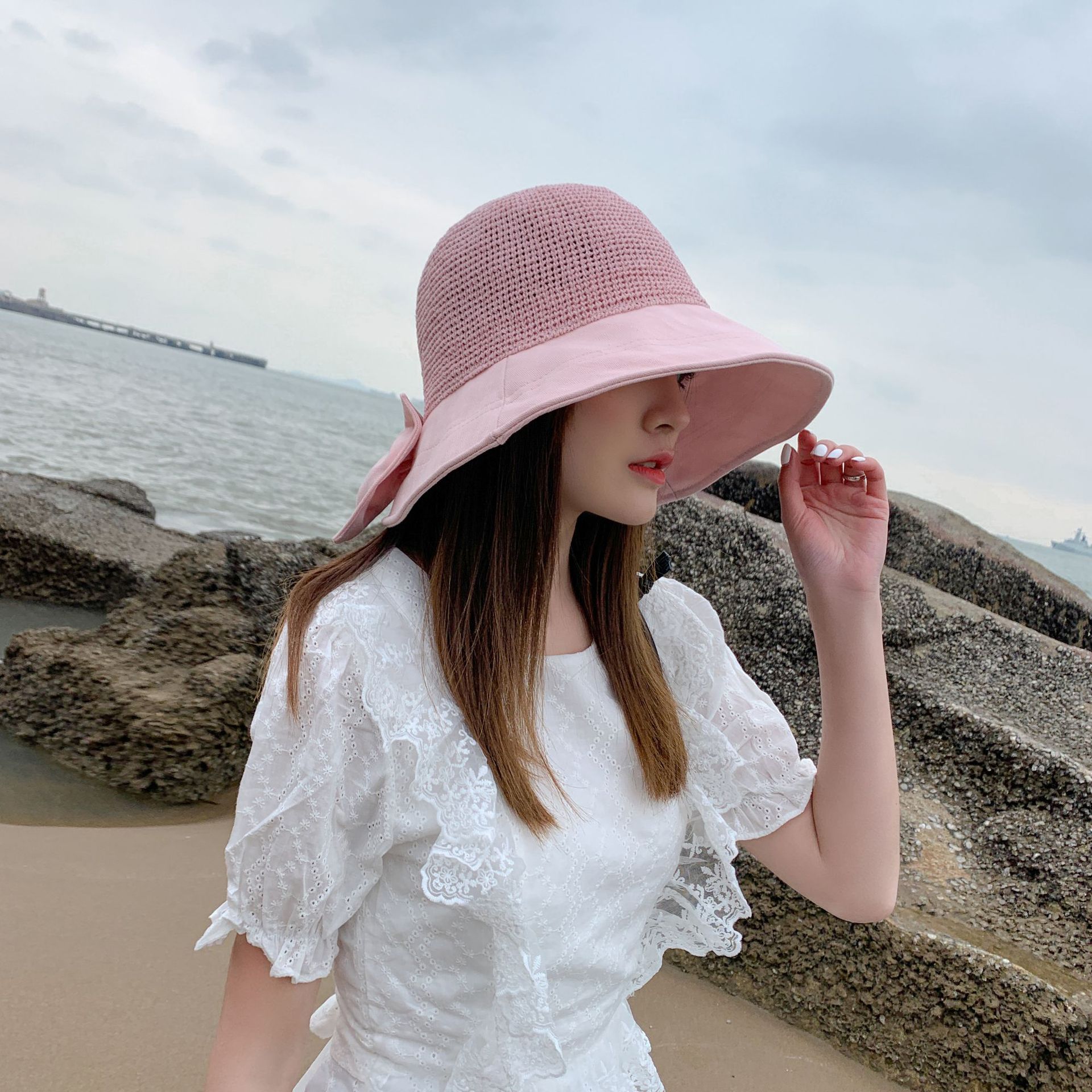 新款帽子女夏季大沿蝴蝶结渔夫帽韩版时尚沙滩遮阳防晒太阳帽批发