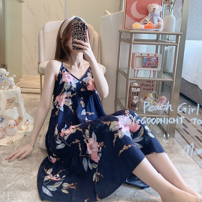 Women's Artificial Cotton Nightdress Summer Artificial Cotton Printed Sling Pajamas Pregnant Women Can Wear outside Summer plus Size Homewear