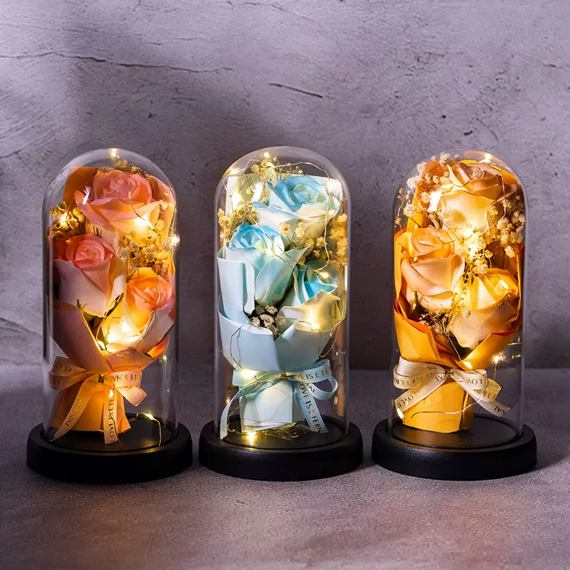 玻璃罩情人节礼物香皂花束玫瑰花礼品发光永生花礼物实用摆件批发