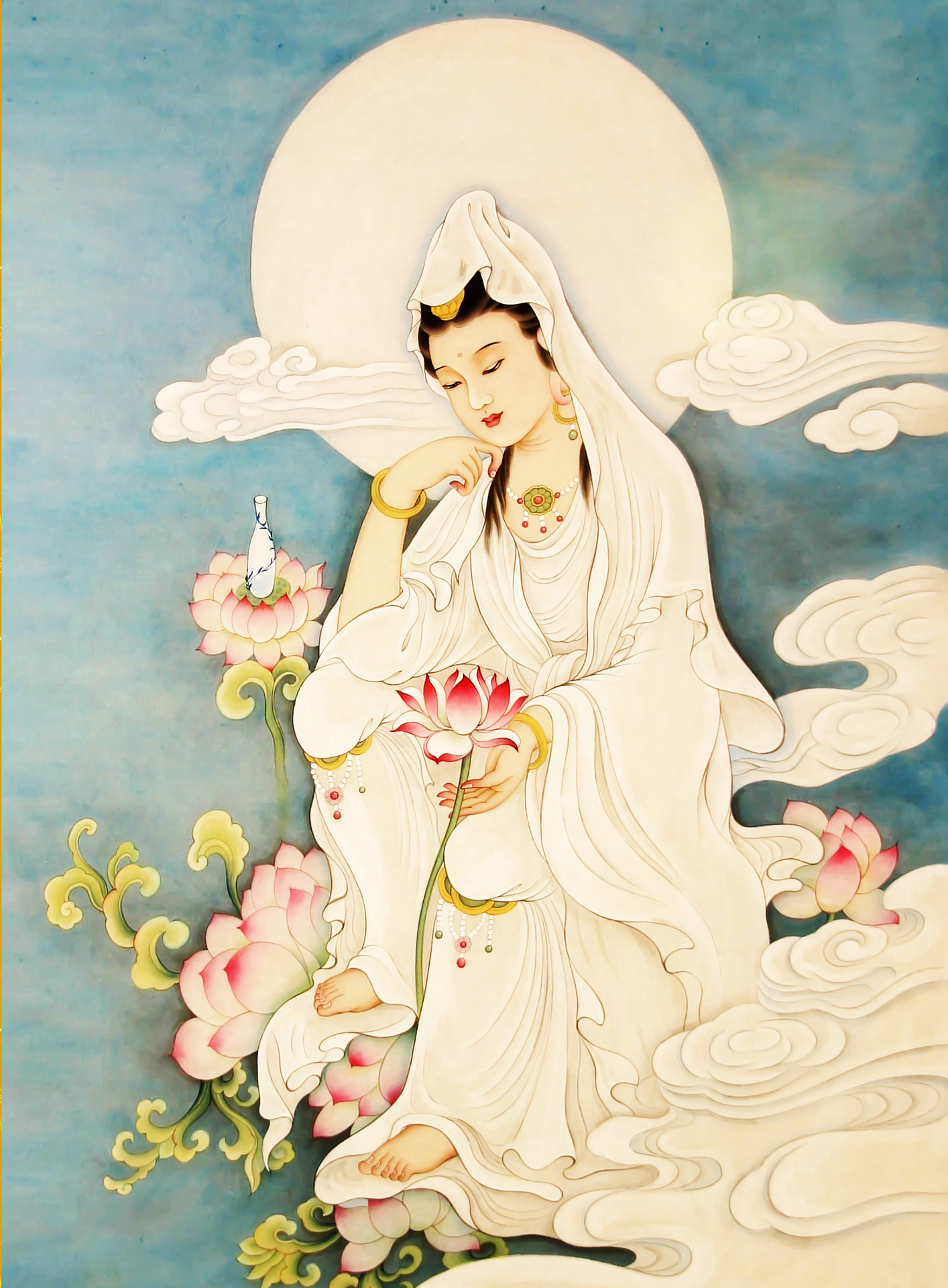 观音荷花莲花瓶宗教人物印花十字绣