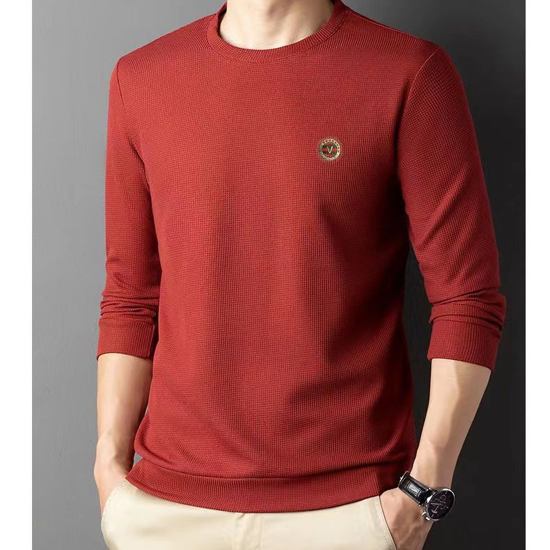 Long Sleeve Waffle T-shirt Men's 2023 Autumn New Young and Middle-Aged Men's round Neck Base Fashion Thin Sweater T-shirt