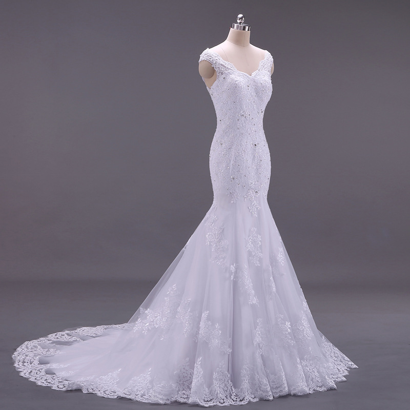 2020外贸亚马逊拖尾白色鱼尾婚纱一字肩v领钻高腰露背