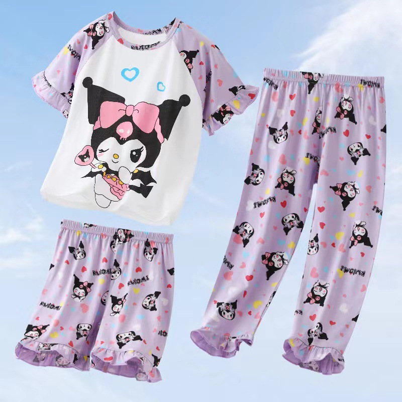 Summer Cool Thin Tencel Modal Children's Loungewear Pajamas Air Conditioning Room Clothing Short Sleeve Shorts Trousers Three-Piece Suit