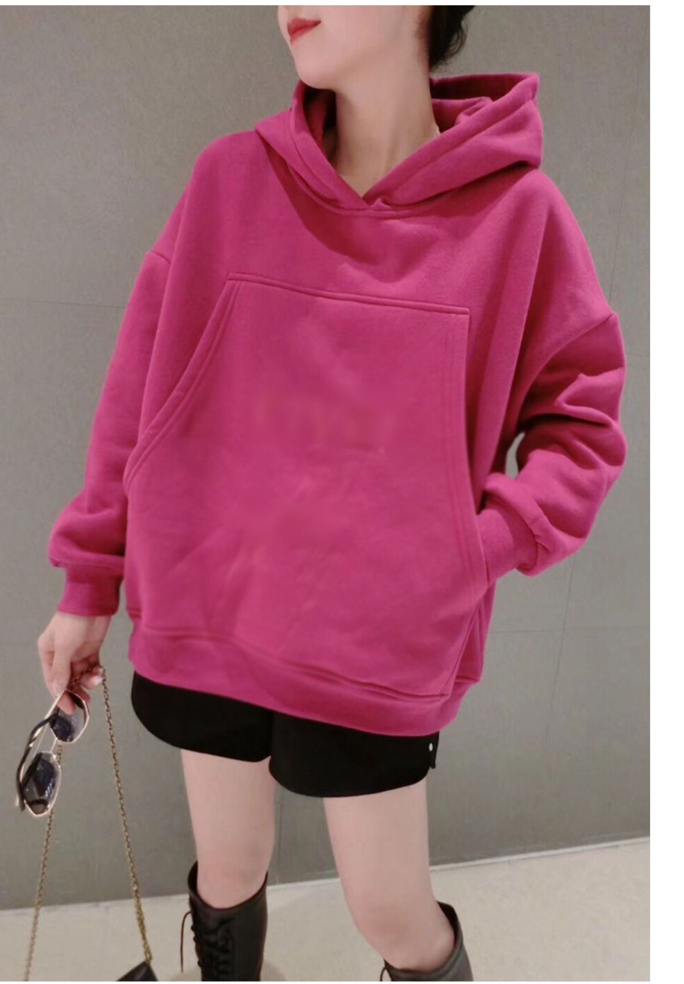 欧洲站女装2020新款欧货玫红色带帽卫衣加绒加厚女宽松韩版秋冬潮