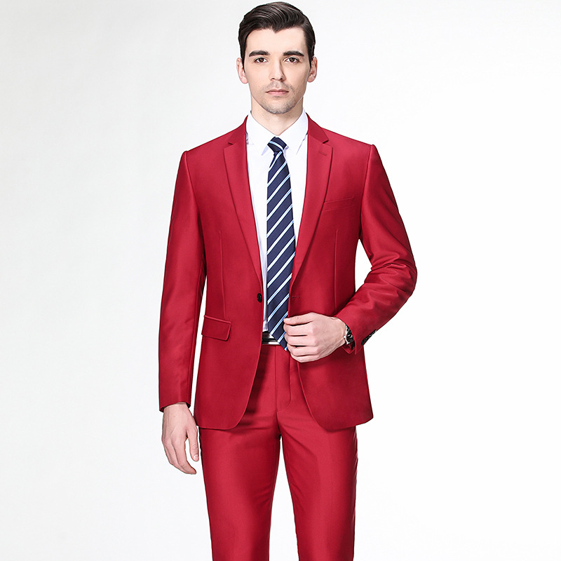 品牌商务西装男套装高档休闲修身两件套男士羊毛西服红色婚礼外套