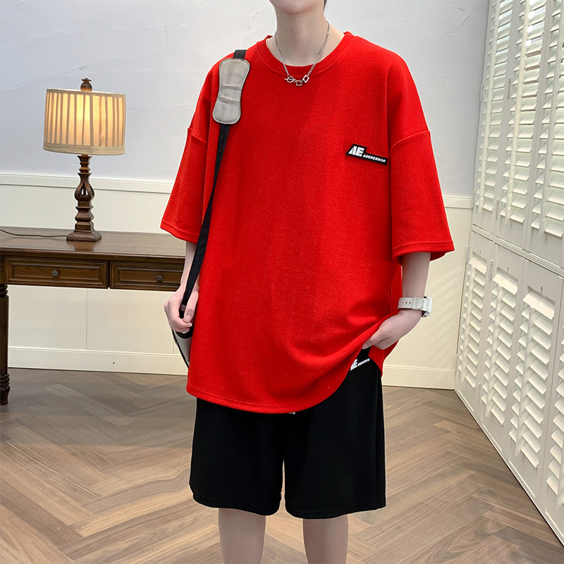 红色休闲套装男 2024夏季薄款蚂蚁皱短袖短裤一套青少年t恤运动服