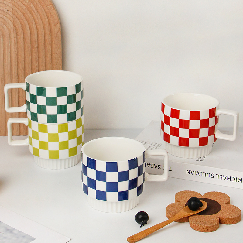 Simple Ceramic Mug Plaid Coffee Cup Retro Water Glass Household Drinking Cups Milk Oatmeal Cup