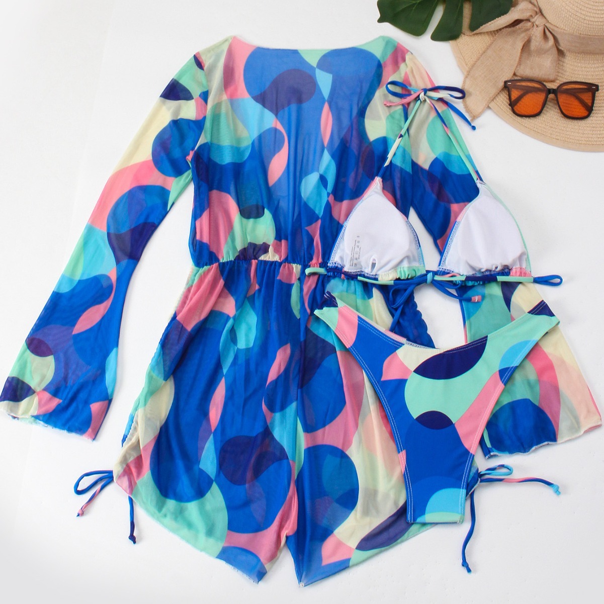 长袖防晒外搭海边度假罩衫泳衣女分体三件套比基尼欧美跨境亚马逊