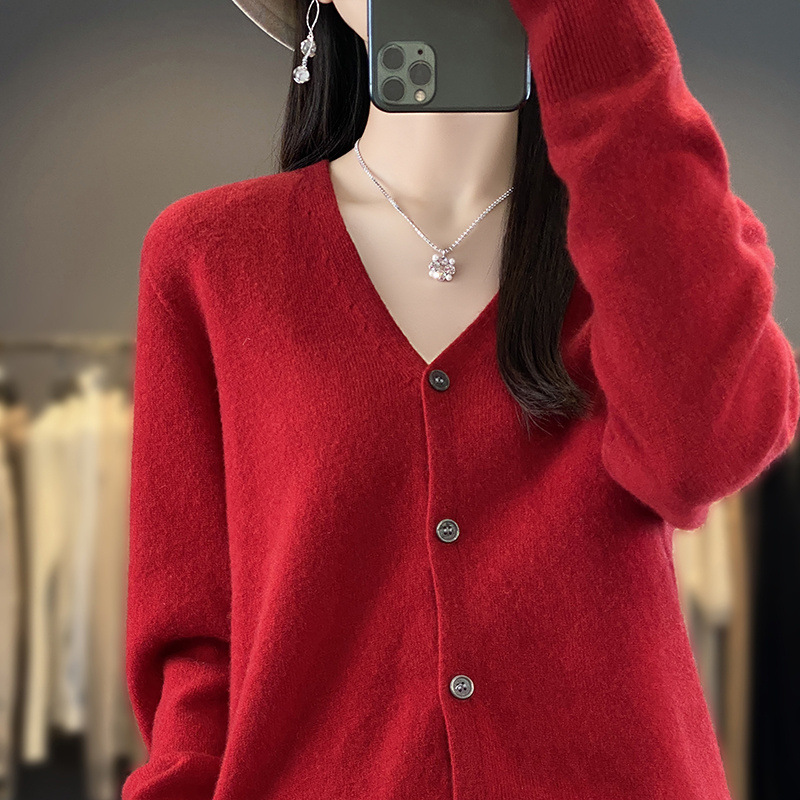 一线成衣羊毛开衫女V领宽松长袖毛衣外套女秋非羊绒外套毛衣女韩