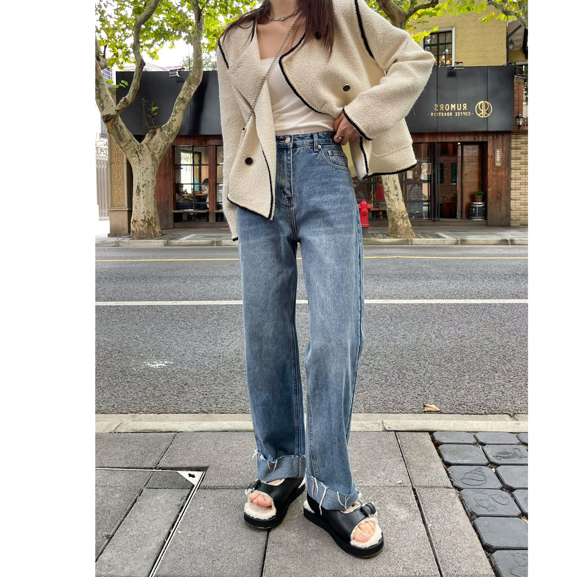 高腰宽松显瘦直筒牛仔裤复古水洗卷边女式牛仔裤毛边设计风休闲裤