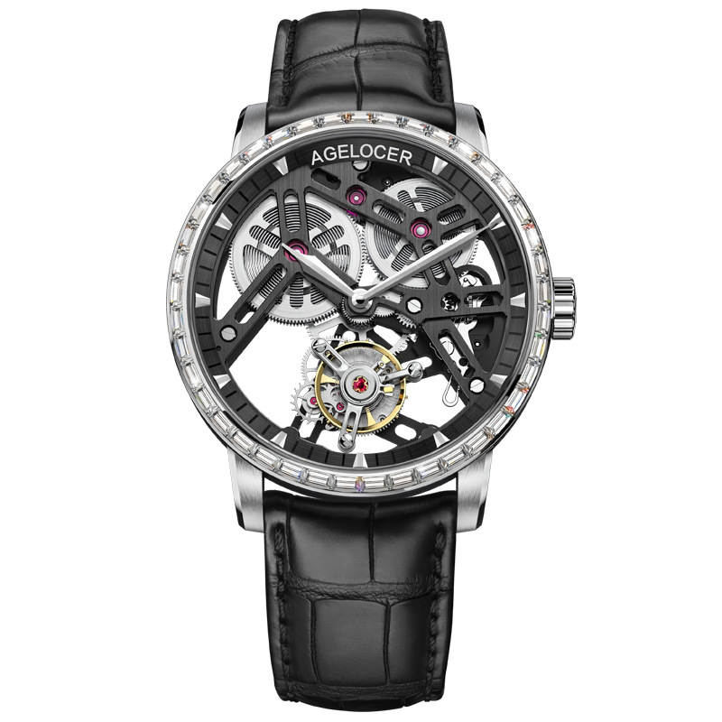 agelocer艾戈勒 飞行陀飞轮镂空手动机械表男士手表时尚镶钻腕表
