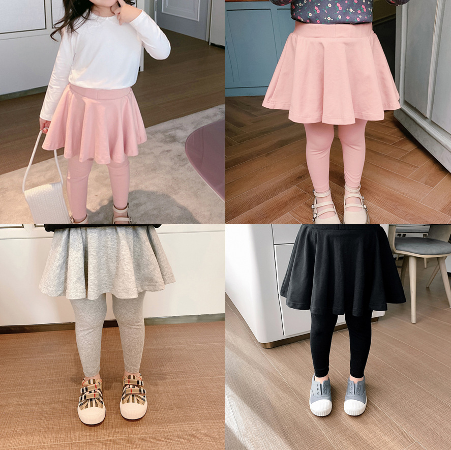 女童裙裤2021秋季新款网红女宝宝韩版假两件纯色打底裤裙外贸批发
