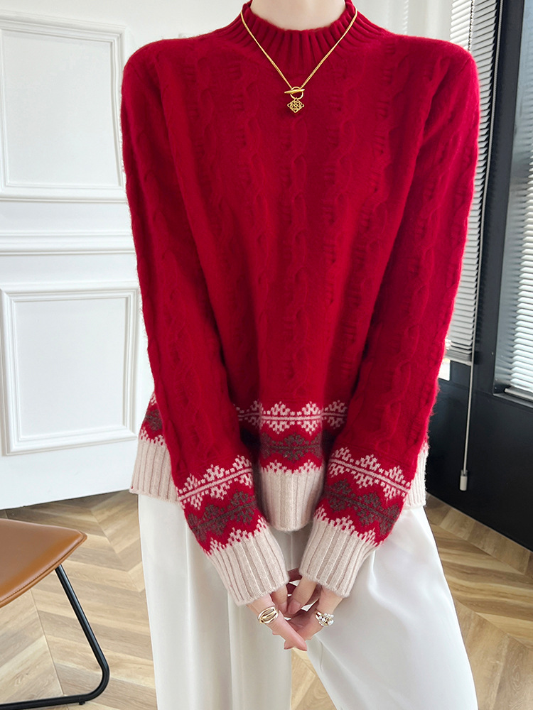 正品羊毛衫女半高领拼色扭花套头针织衫百搭毛衣宽松显瘦羊绒打底