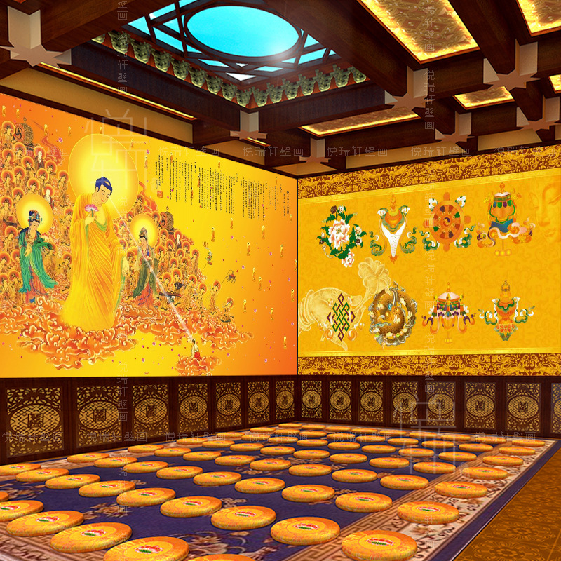 金色荷花壁纸佛像心经莲花壁布寺庙礼供佛禅房佛堂背景墙壁画批发