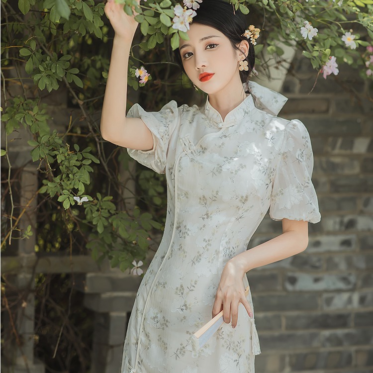 实拍冷清裳改良版旗袍连衣裙灯笼袖浅色花朵印花旗袍长裙春夏新款